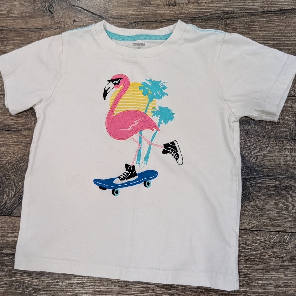 Gymboree 4T Skateboard Flamingo Tropical White T-shirt Top Summer Vacation Boy